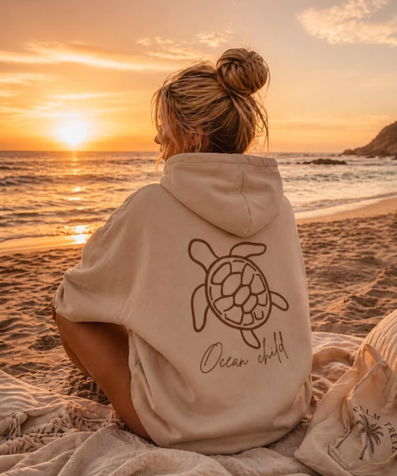 Women's Sea Turtle Hoodie, Minimalist Coastal Beach Sweatshirt, Ocean Child Design