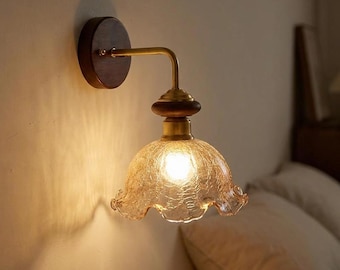 Mid Century Wall Lamp Walnut Wall Sconce Retro Bedroom Bedside Light Copper Accent Wall Lighting Living Room Decor Fixture