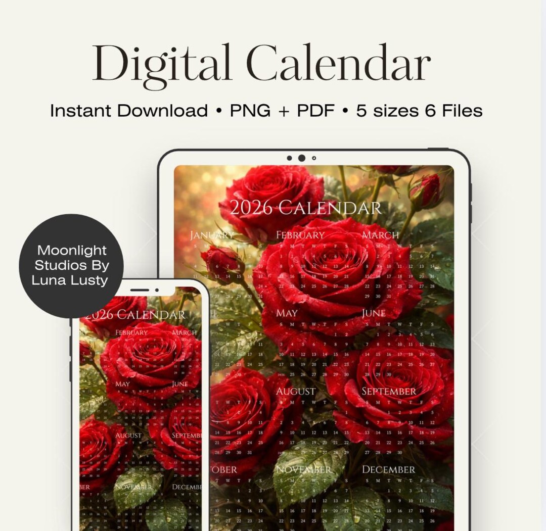 2026 Digital Rose Calendar Printable PDF | Inspirational Wall Art ...