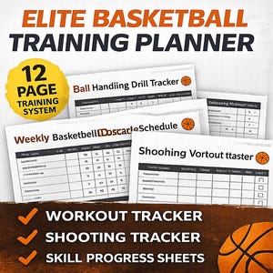 Può includere: Un Elite Basketball Training Planner con il testo "ELITE BASKETBALL TRAINING PLANNER". L'immagine include un sistema di allenamento di 12 pagine, fogli di lavoro, tiro e progresso delle abilità. È inclusa anche una grafica di basket.