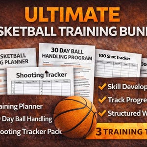 May include: An orange basketball rests in front of a bundle of basketball training tools. The bundle includes a training planner, a 30-day ball handling program, and a shooting tracker pack. The text reads "ULTIMATE BASKETBALL TRAINING BUNDLE."