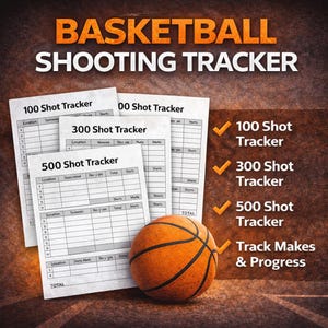 Puede incluir: Imagen de una pelota de baloncesto y varias hojas de seguimiento de tiros. Las hojas están etiquetadas para rastreadores de 100, 300 y 500 tiros. El texto de la imagen dice "Basketball Shooting Tracker" y "Track Makes & Progress."