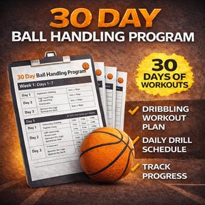 Può includere: Un pallone da basket arancione è appoggiato accanto a una clip board con un programma di gestione della palla di 30 giorni. Il programma include un programma di esercizi giornalieri e un piano di allenamento. Il testo recita "30 giorni di allenamento" e "Tieni traccia dei progressi".