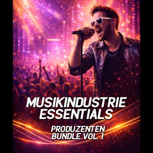 May include: Image of a man singing into a microphone on stage, wearing sunglasses and a sequined jacket. The background is a blurred crowd and stage lights. Text on the image reads "MUSIKINDUSTRIE ESSENTIALS" and "PRODUZENTEN BUNDLE VOL. 1".