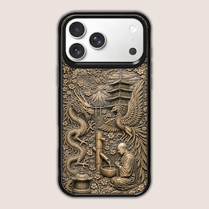 Dragon Phoenix Pagoda Monk Phone Case: Raised 3D UV Texture Zen Art Shell