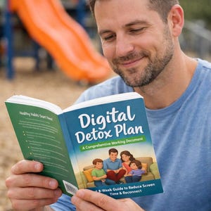 May include: A person reading a book titled "Digital Detox Plan" with a family illustration on the cover. The book's subtitle reads "A Comprehensive Working Document" and includes the text "8-Week Guide to Reduce Screen Time & Reconnect."