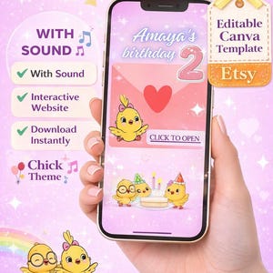 Interactive Birthday Invitation songs for Kids | Editable Canva Template | Musical party songs | Chick Theme | Digital Invite Website