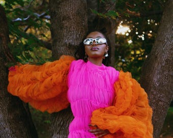 Orange and Pink Mesh Dress Bubbles Dress Exagerrated Sleeves Dress