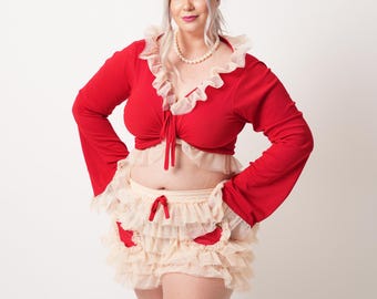 Red Tulle Ruffle Top, Long Sleeve Tie Top, Summer Top, Tulle Sleeves Top, Ruffled Tulle Top, Ruffle Women Blouse, Romantic Valentine Outfit