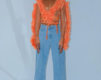 Wrap Top, Mesh Blouse, Longsleeve Tulle Ruffle Top