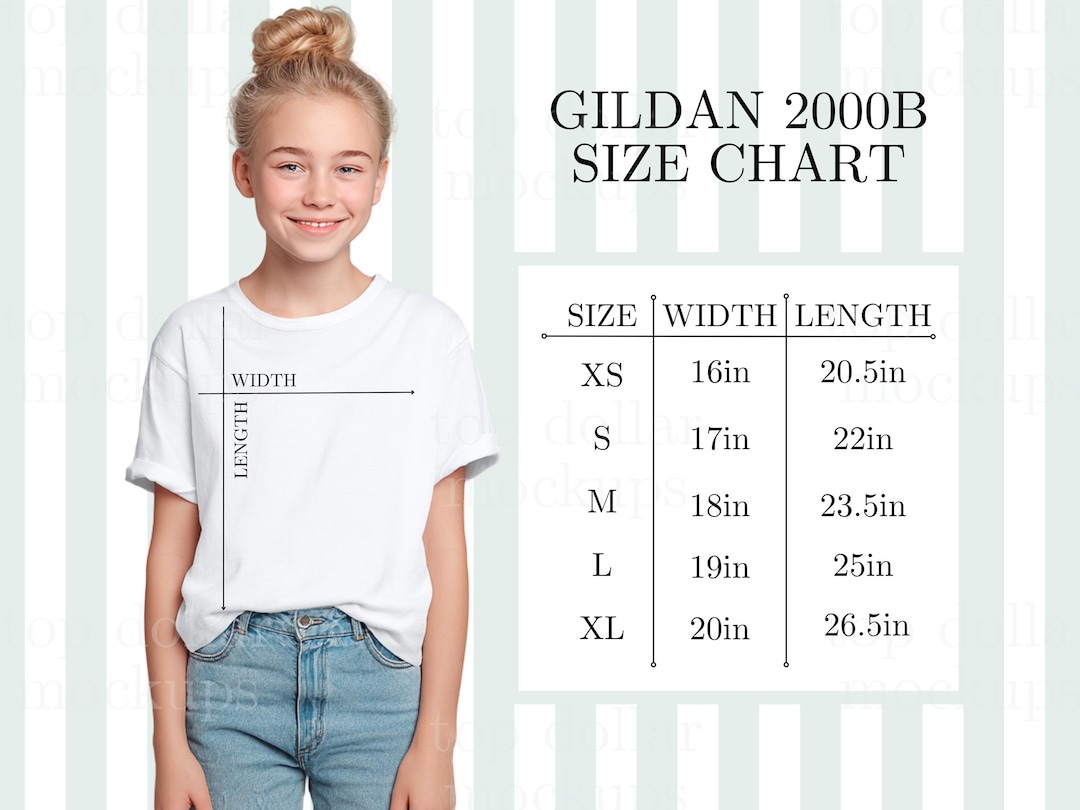 Gildan 2000B Youth Shirt Size Chart, G2000B Sizing Chart, G 2000B Kids ...