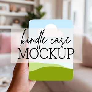 May include: A Kindle case mockup with a sky and landscape design. The case features a blue sky with a white cloud and a green landscape. The words "kindle case MOCKUP" are written on the case in black script and block letters.