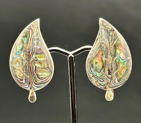 Vintage Taxco Sterling Silver Abalone Leaf Earrings | Mid-Century Mexican Artisan Jewelry