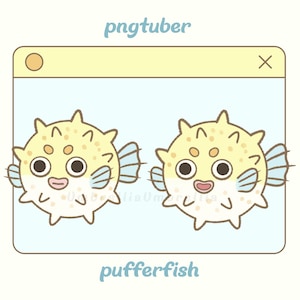 May include: A digital illustration featuring two cartoon pufferfish. The pufferfish are yellow with brown spots, large eyes, and blue fins. The image is set against a light blue background within a yellow frame. The word "pufferfish" is written at the bottom.