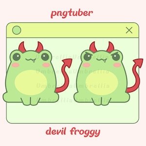 May include: Two cartoon frog illustrations with devil horns and tails, set within a light green window frame. The frogs are light green with yellow bellies and red horns and tails. The text "pngtuber" and "devil froggy" are displayed.