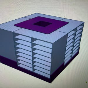 May include: A digital rendering of a square storage unit featuring a light blue exterior with multiple horizontal shelves on two sides. The base and the top centre square are a deep purple colour, creating a contrast against the light blue structure.