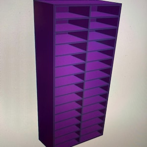 May include: A tall, purple storage unit with multiple shelves. The unit is rectangular with a series of horizontal shelves, creating numerous compartments. The design is simple and modern, suitable for organizing various items.