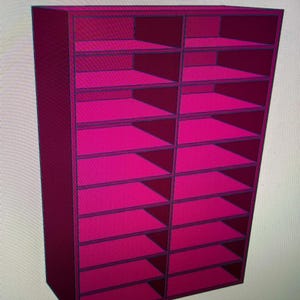 May include: A magenta-colored storage unit with multiple shelves. The unit is divided into two vertical columns, each containing several horizontal shelves. The design appears to be a 3D rendering of a storage solution.
