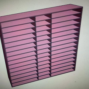 May include: A pink, multi-compartment storage unit with numerous horizontal shelves. The unit is divided into vertical sections, creating a grid-like appearance. The design suggests a storage solution for organizing items.