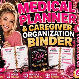 The image is an advertisement for a medical planner and caregiver organization binder. It features a smiling woman holding a binder, with text promoting the benefits of the product.