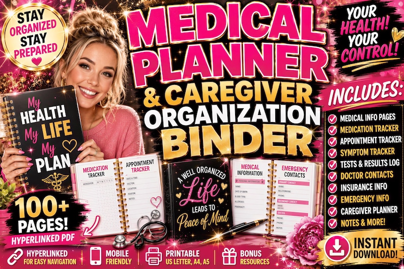 The image is an advertisement for a medical planner and caregiver organization binder. It features a smiling woman holding a binder, with text promoting the benefits of the product.
