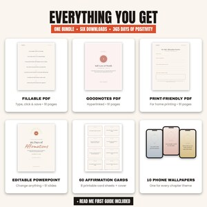 The image is a promotional graphic for a "Everything You Get" package, which includes a "FILLABLE PDF", "GOODNOTES PDF", "PRINT-FRENCHLY PDF", "EDITABLE POWERPOINT", "60 Affirmation Cards", and "10 PHONE WALLPAPERS". The package offers a "365 Days of Positivity" and includes a "My Daily Affirmation Practice" section.