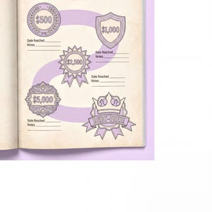 The image is a page from a Debt-Free Milestones document, featuring various milestones such as $500, $1,000, and $2,500, along with notes indicating when these milestones have been reached.
