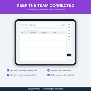 The image is a screenshot of a tablet or computer displaying a care team contact form. The form is for connecting care contacts, records, bills, and insurance.