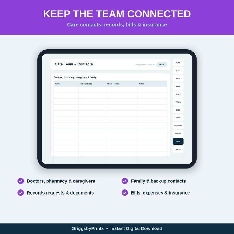 The image is a screenshot of a tablet or computer displaying a care team contact form. The form is for connecting care contacts, records, bills, and insurance.