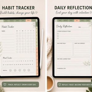 two habit trackers with a cozy, natural-themed background. The trackers have a white and green color scheme and are designed to help users track their habits and daily reflections.