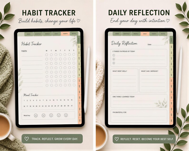 two habit trackers with a cozy, natural-themed background. The trackers have a white and green color scheme and are designed to help users track their habits and daily reflections.
