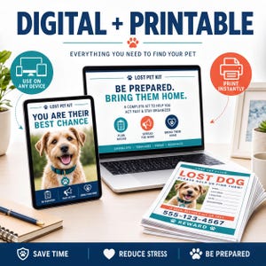 The image is an advertisement for a lost pet kit service, featuring a laptop, a tablet, and a stack of printed materials. The text highlights the convenience of the lost pet kit service, which includes a lost pet kit, a lost pet flyer, and a lost pet printer. The ad emphasizes the importance of being prepared for emergencies and encourages users to spread the word about the service.
