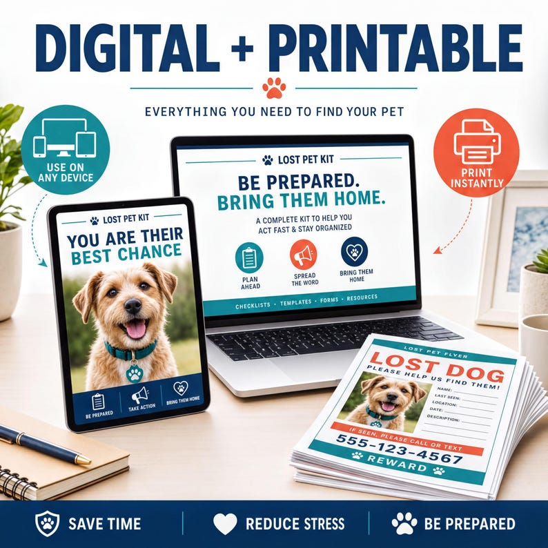 The image is an advertisement for a lost pet kit service, featuring a laptop, a tablet, and a stack of printed materials. The text highlights the convenience of the lost pet kit service, which includes a lost pet kit, a lost pet flyer, and a lost pet printer. The ad emphasizes the importance of being prepared for emergencies and encourages users to spread the word about the service.