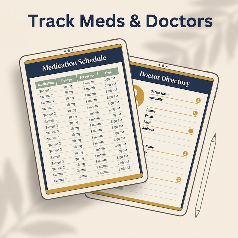 a tablet with a medication schedule and a doctor's directory, both of which are used to track medications and appointments for patients and their doctors.