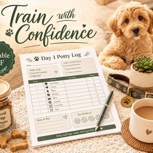 a dog sitting on a blanket, surrounded by various items such as a dog bowl, a cup of coffee, a jar of dog treats, and a dog leash. There is also a "Train with Confidence" day 1 potty log form, which appears to be a training log for a dog.