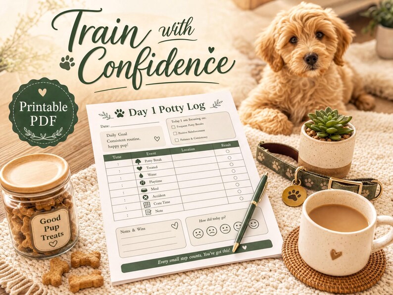 a dog sitting on a blanket, surrounded by various items such as a dog bowl, a cup of coffee, a jar of dog treats, and a dog leash. There is also a "Train with Confidence" day 1 potty log form, which appears to be a training log for a dog.