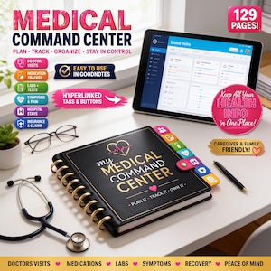 The image is an advertisement for a medical command center, featuring a tablet displaying a medical app, a stethoscope, a notebook, and various other medical-related items on a desk.