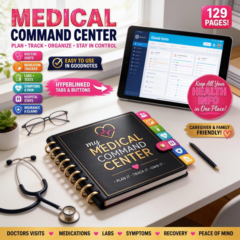 The image is an advertisement for a medical command center, featuring a tablet displaying a medical app, a stethoscope, a notebook, and various other medical-related items on a desk.