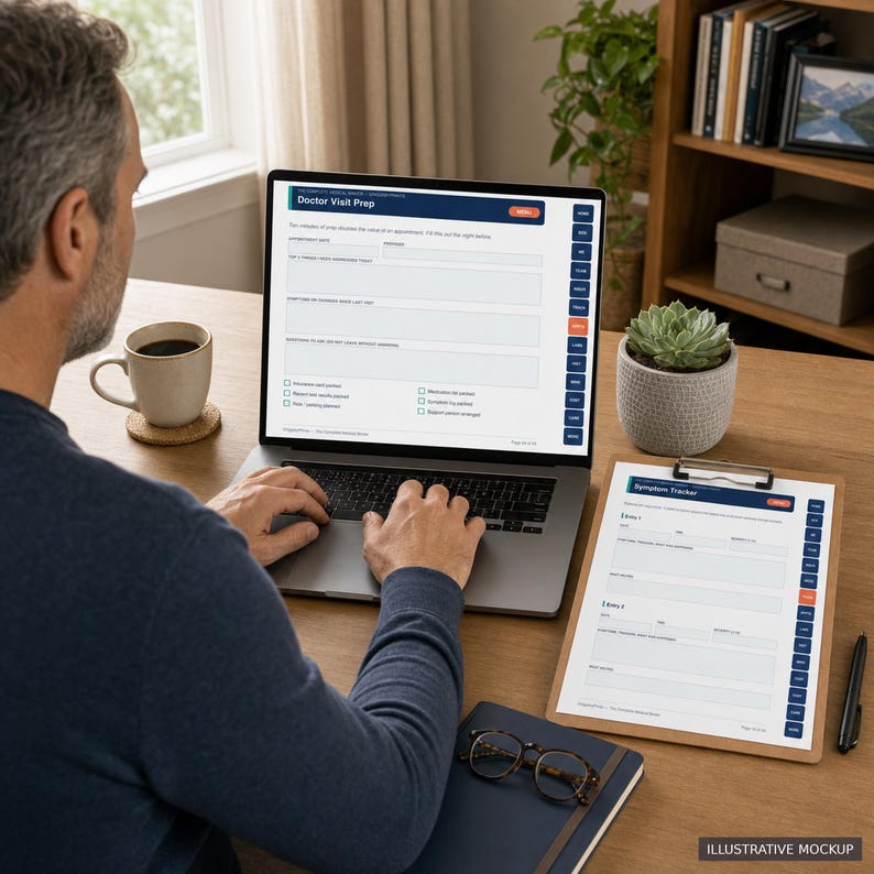 A man is sitting at a desk, working on a laptop computer. The laptop screen displays a form or survey, and there is a clipboard with a similar form on it. The man appears to be focused on the task at hand.