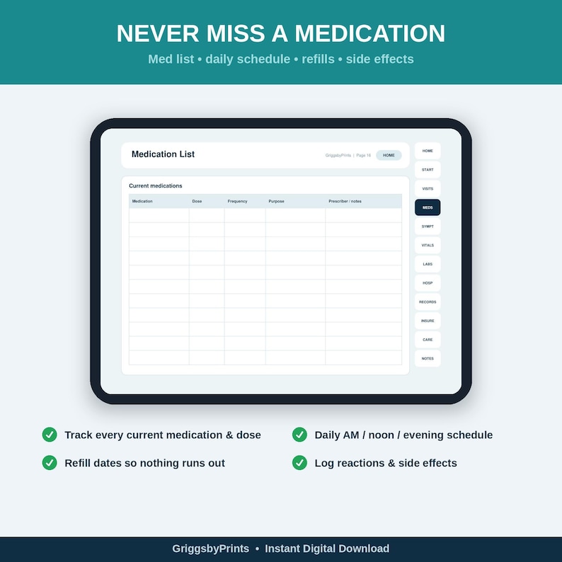 The image is a screenshot of a medication management system, displaying a medication list with options for tracking current medications, daily schedule, refills, and side effects.