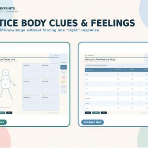 The image is an advertisement for a "Body Clues & Feelings" service, which appears to be a self-awareness tool. The ad features two different sections, one with a body diagram and the other with a sensory preference map. The text on the ad emphasizes the importance of building self-awareness without forcing a single "right" response, and it suggests that the service can help individuals understand their body clues and feelings better.