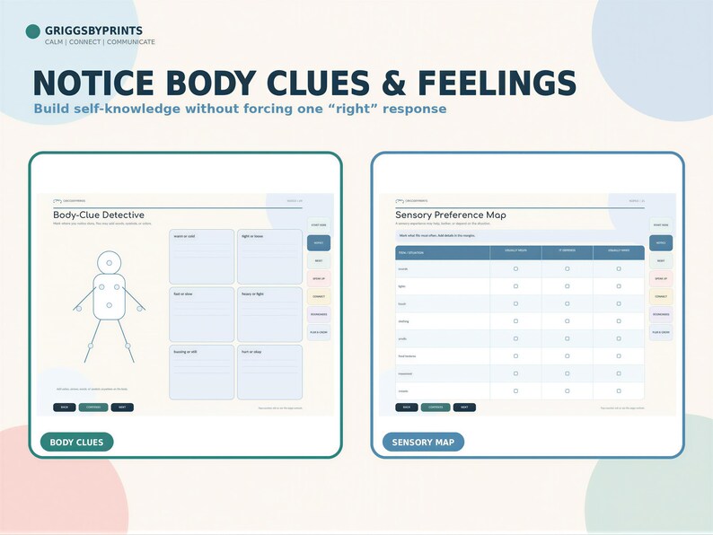 The image is an advertisement for a "Body Clues & Feelings" service, which appears to be a self-awareness tool. The ad features two different sections, one with a body diagram and the other with a sensory preference map. The text on the ad emphasizes the importance of building self-awareness without forcing a single "right" response, and it suggests that the service can help individuals understand their body clues and feelings better.