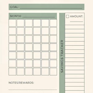 The image is a blank no-spend challenge planner with a grid layout, providing a space for tracking goals, amounts, notes, and rewards.