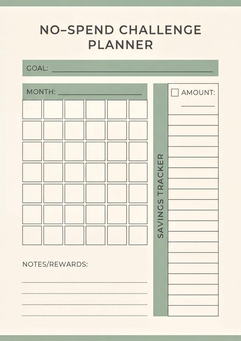 The image is a blank no-spend challenge planner with a grid layout, providing a space for tracking goals, amounts, notes, and rewards.