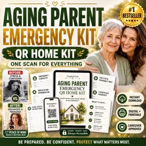 The image is an advertisement for an emergency kit designed for aging parents. It features two women, one older and one younger, embracing each other, and includes text and images related to the kit.