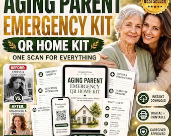 Aging Parent Binder Printable, Senior Emergency Kit, Caregiver Medical Organizer, QR Code Info Sheets