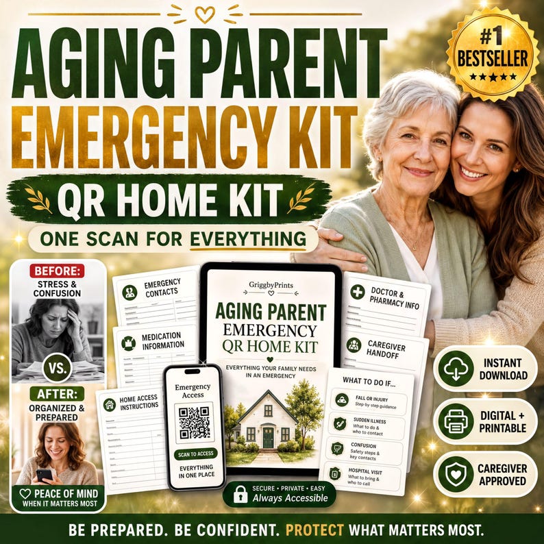 The image is an advertisement for an emergency kit designed for aging parents. It features two women, one older and one younger, embracing each other, and includes text and images related to the kit.