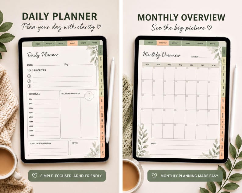 two planners, a daily planner and a monthly overview planner, both with a white background and green accents. The planners are placed on a table with a cup of coffee and a plant.