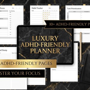 The image is a collage of various ADHD-friendly planning pages, including a luxury ADHD-friendly planner, a daily focus plan, a habit tracker, a task prioritization plan, and a mood tracking chart. The text "LUXURY ADHDA-FRENCH-PLANNER" is prominently displayed, and the phrase "10+ ADHD-FRENCH-PLANNER" is also visible. The image includes a pen and a black notebook, suggesting that these pages are designed to help individuals with ADHD better manage their daily tasks and focus.
