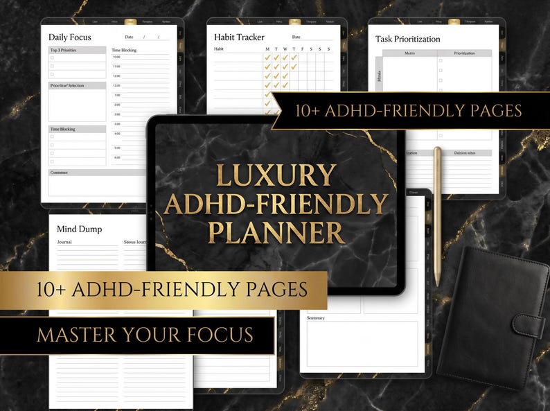 The image is a collage of various ADHD-friendly planning pages, including a luxury ADHD-friendly planner, a daily focus plan, a habit tracker, a task prioritization plan, and a mood tracking chart. The text "LUXURY ADHDA-FRENCH-PLANNER" is prominently displayed, and the phrase "10+ ADHD-FRENCH-PLANNER" is also visible. The image includes a pen and a black notebook, suggesting that these pages are designed to help individuals with ADHD better manage their daily tasks and focus.